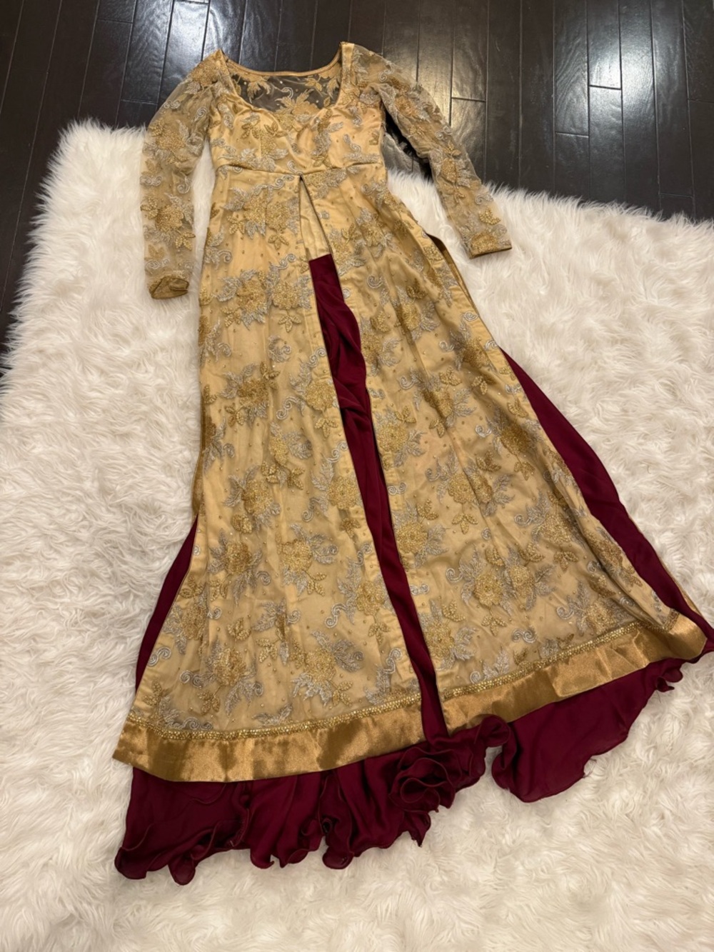 Gold Embroidered Anarkali with Burgundy Skirt Panel